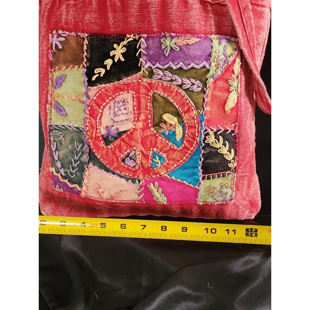 Boho Patchwork Peace Sign Corduroy Tote Bag Red Cotton Nepal - Picture 3 of 9